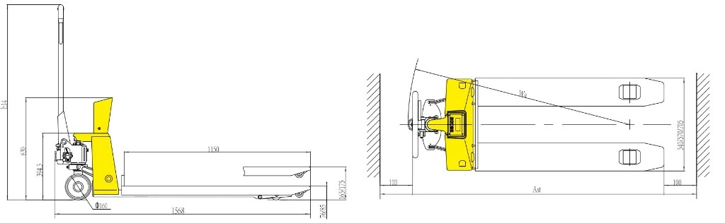 Abmessungen des Handhubwagens mit Waage RPVV2000EP/RPVV2000SEP für 2000 kg