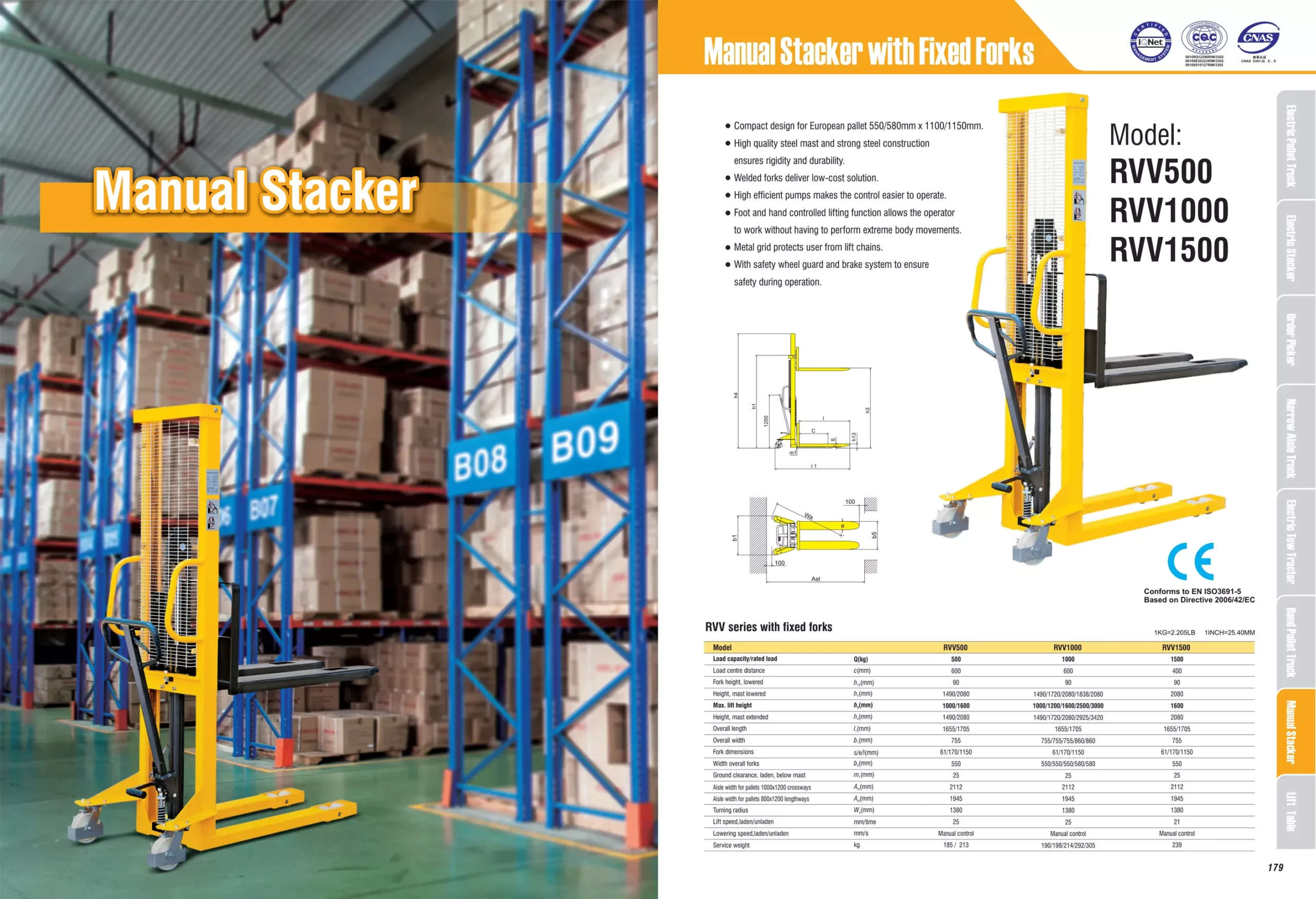 RVV1000 Hochhubwagen mit geschweißtem Stahlmast und Gabelzinken