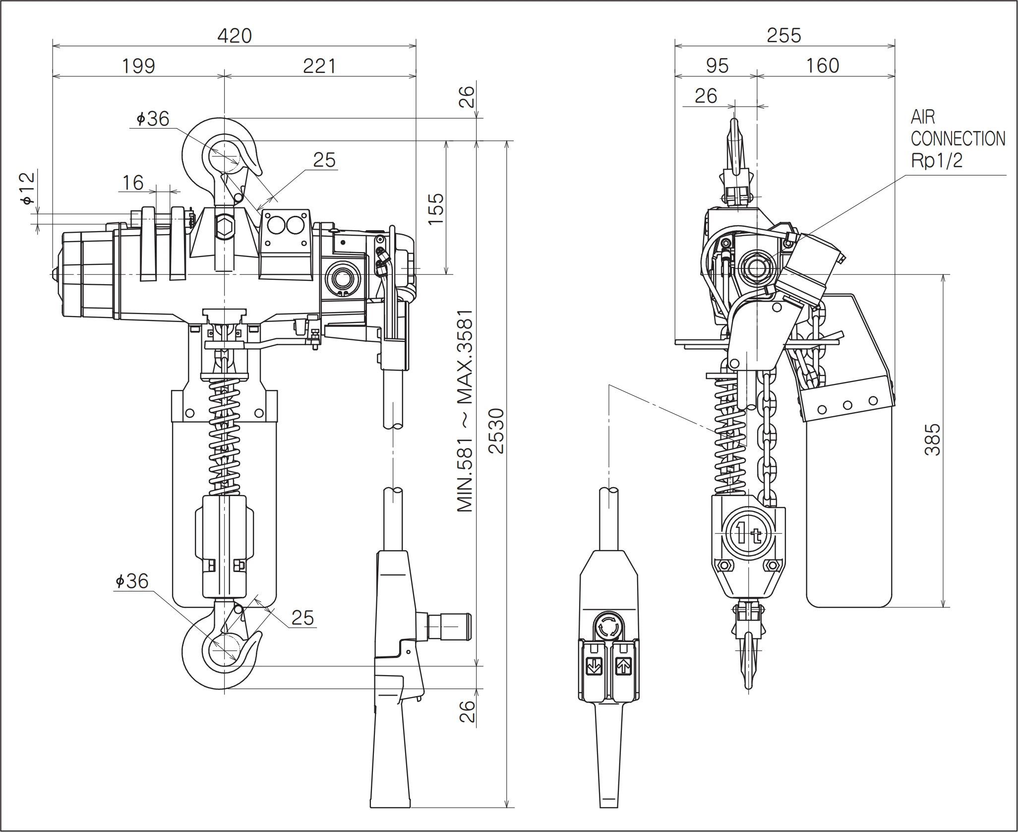 ENDO EHV ATEX-Druckluft-Kettenzug mit Hängetaster