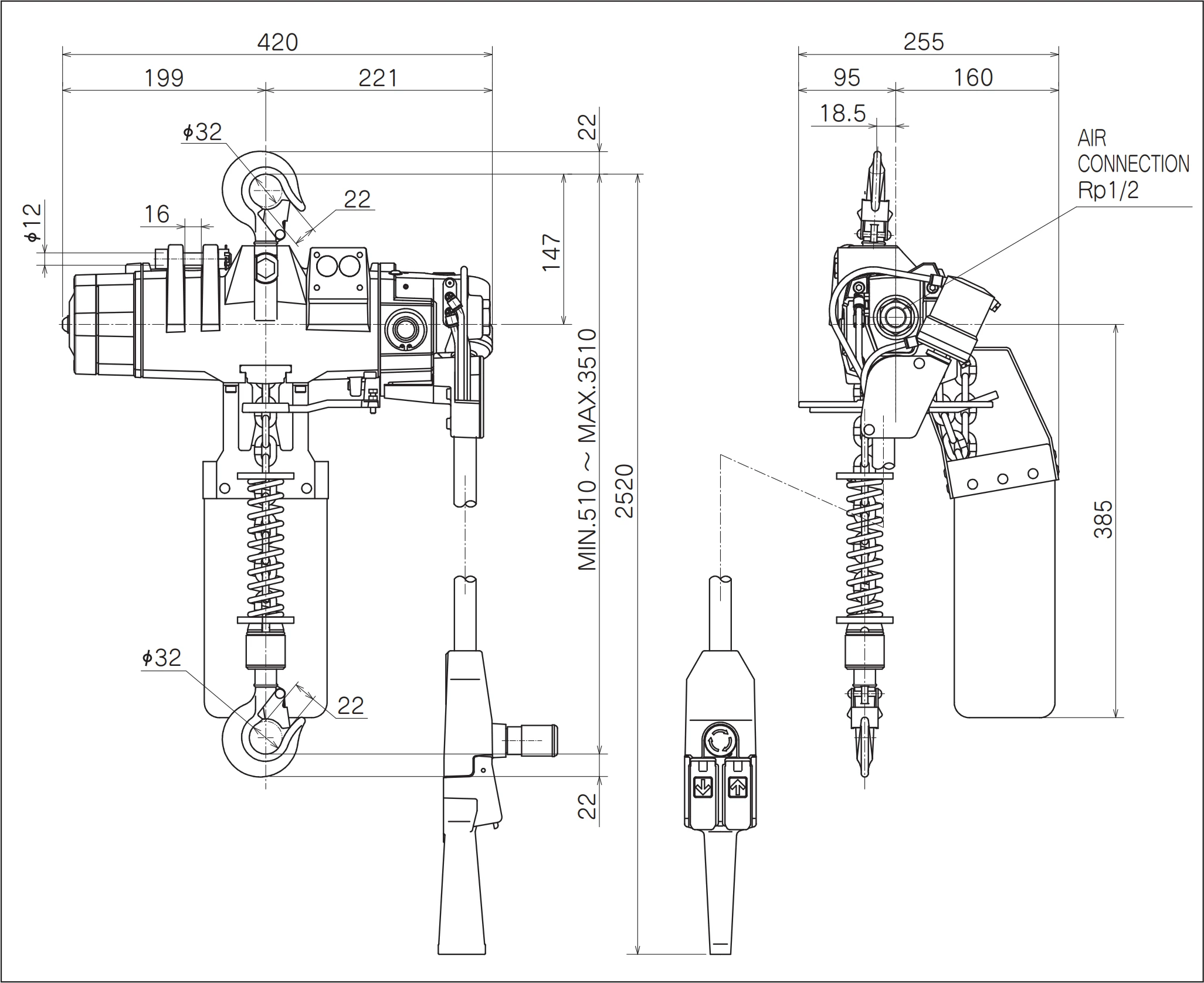 Lastkette des ENDO ATEX-Druckluft-Kettenzugs EHV