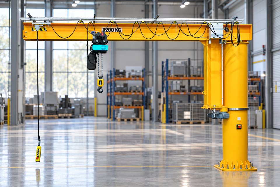 Comege RSD Säulenschwenkkran mit 360°-Schwenkbereich und Elektrokettenzug in einer Industriehalle